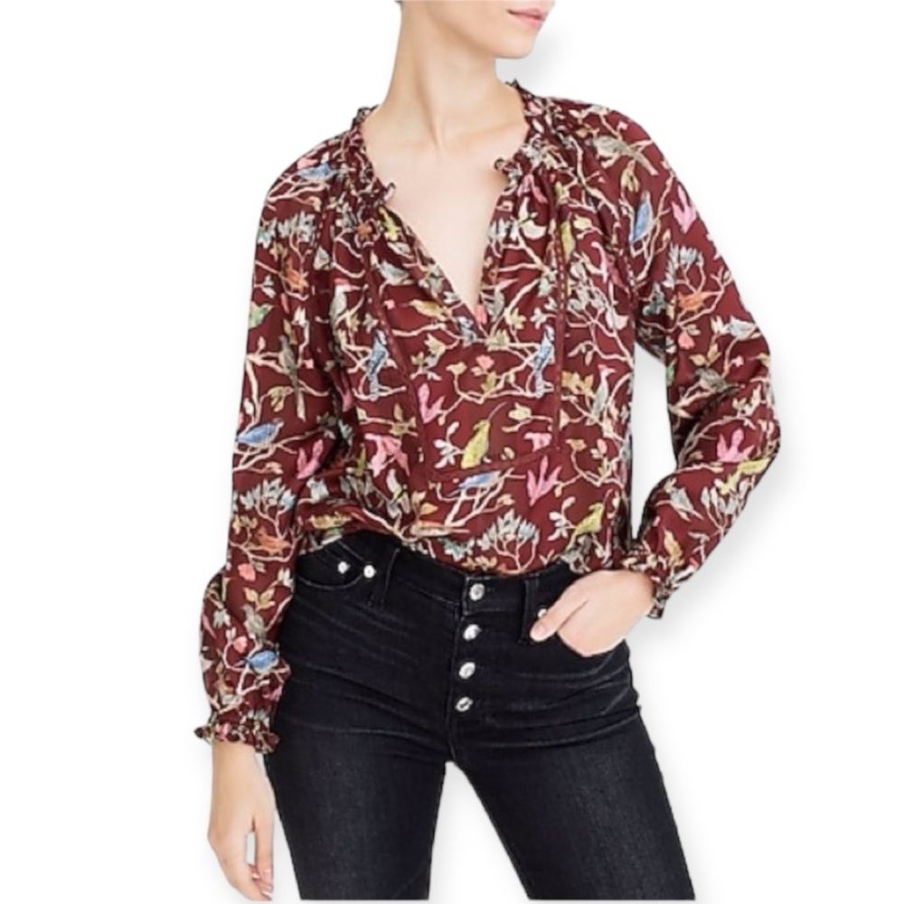 J Crew Point Sur Popover Blouse Extra Small Bird Floral Metallic Top